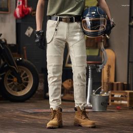 Men's Jeans Beige Pleated Ing Design Motorcycle High Street Fashion Slim-fitting Ankle-tied Brand Trous