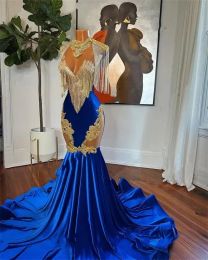 High Sexy Neck Long Prom Dress For Black Girls Tassel Royal Blue Appliques Backless Birthday Party Evening Gowns Robe De