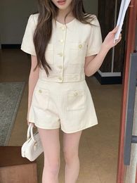 Women's Tracksuits 2024 Summer Women Clothing Set Beige V Neck Single-breasted Short-sleeved Tops Coat High Waist Shorts Two Piece Suit