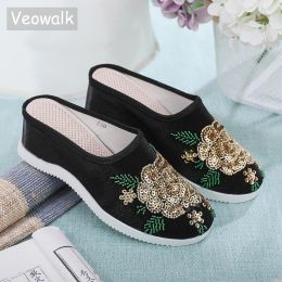 Slippers Veowalk Glitter Sequins Embroidery Women Flock Cotton Fabric Hidden Wedge Mules Ladies Casual Close Toe Slippers Black White