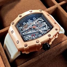 Wristwatches 2024 White Military Sport Quartz Watch For Men Luxury Waterproof Luminous Wristwatch With Tonneau Dial Silicone Strap Auto Date