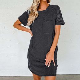 Casual Dresses Women Pocket Loose Dress Spring Summer Solid Color Round Neck Short Sleeve Midi Plus-size Straight Clothing