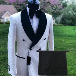 Suits 2021 New Arrival Double Breasted White Jacquard Jacket Wedding Suits Groom Wear Costume Homme Mens Prom Tuxedo Groomsmen Blazer