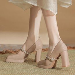 Dress Shoes ZOOKERLIN 2024 Luxury Pearl Metal Chain 10CM Chunky Heels Women's Pumps String Bead Square Toe Buckles Genuine Leather