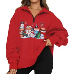 Women's Hoodies Christmas Women Loose Sweatshirt Pullover Autumn Winter Clothes Letter Cartoon Glass Cup Long Sleeve Quarter Zip Tees