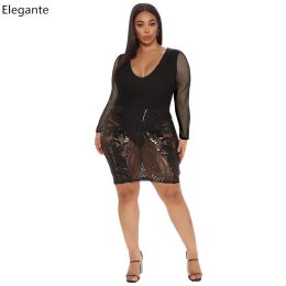 Dresses Plus Size Sequins Party Dress Sexy See Through Mesh Patchwork Long Sleeves V Neck Woman Bodycon Dresses