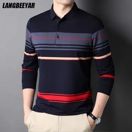 Top Grade Fashion Designer Brand Simple Mens Polo Shirt Trendy With Long Sleave Stripped Casual Tops Men Clothes 240409