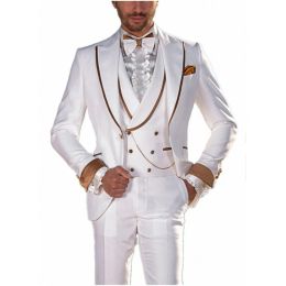 Suits Latest Colorful Mens Romantic Beach Wedding White Tuxedo Suits Double Breasted Waistcoat Peak Lapel Prom Dress Wear For Dinner