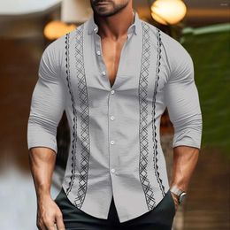 Men's Casual Shirts Slim Fit Banded Collar Long Sleeve Button Down Shirt One Piece Leisure Lapel Tops Business Playeras Para Hombres