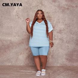 Sets CM.YAYA Plus Size Workout Women Two 2 Piece Set Outfits Sweatsuit 2022 Summer Striped Tshirt and Shorts Matching Set Tracksuit