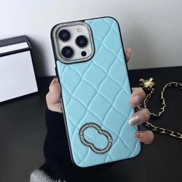 iPhone 15 Pro Max Designer Phone Case for Apple 14 13 12 11 Luxury PU Lambskin Bumper-patched Diamond Pattern Studded Camera Lens Ring Logo Back Cover Coque Fundas Blue