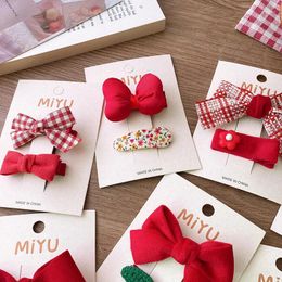 Hair Accessories 2pc Red Colour Basic Snap Baby Drop Clips Tartan Plaid Bow Clamp Pins Flower Hairpin Cotton BB Barrettes Girls Headwear