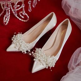 Pumps 2022 New FrenchStyle Bride Bridesmaid Shoes White Pearl Stiletto Heel High Heels Wedding Shoes For Women Zapatillas Mujer