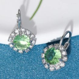 Hoop Earrings Simple Fashion Light Green Zircon Luxury Crystal Round Stone For Women Boho Silver Colour Wedding Jewellery