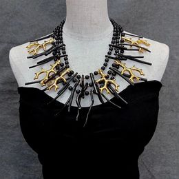 YYGEM 3 rows 40mm Black Coral 38x60mm Golden Resin Branch 8mm Onyx Statement Necklace Handmade Women Jewellery 240305