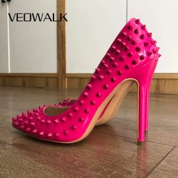 Boots Veowalk Rose Pink Women Sexy Punk Spikes High Heels Italian Style Ladies Pointed Toe Rivets Stilettos Pumps Slip on Party Shoes