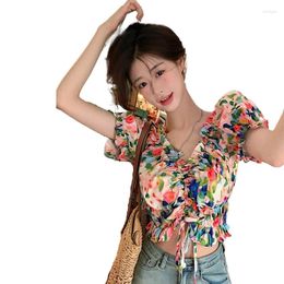 Women's Blouses Summer Cotton Women Ruffled Crop Tops Slash Neck Korean Style Vintage Sweet Printed Slim Chic Seaside Vacation