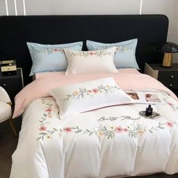 Flower Embroidery Pure Cotton Duvet Cover Set 220x240 High Quality Queen Bedding King Size Quilt with Sheets Home 240306