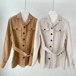 Women's Trench Coats 2024 Spring Women Linen Jacket Suit Collar Belted Mid-length Coat