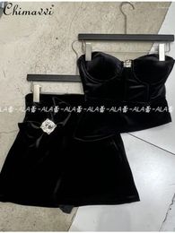 Work Dresses Fashion Girl Diamonds Velvet Tube Top Sexy High Waist Slim Fit Bow Skirts Spring And Summer Ladies Two-Piece Set