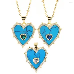 Pendant Necklaces Classic Vintage Blue Turquoise Double Heart Necklace Zircon Gold Plated Clavicle Chain Personalised Jewellery Gifts