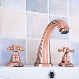 Bathroom Sink Faucets Antique Red Copper Deck Mount Widespread 3 Holes Faucet Dual Cross Knobs Tap And Cold Water Tsf535