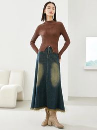 Skirts Vimly Vintage Cotton Denim Skirt 2024 Autumn Tassel A-line Maxi Jeans Office Lady Casual Loose Female Clothing 16286