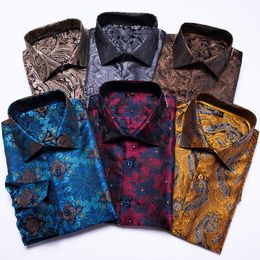 Hi-Tie Blue Mens Shirts Paisley Floral Silk Gold Long Sleeve Casual Shirts For Men Jacquard Male Business Party Wedding Dress 240304