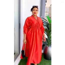 Ethnic Clothing African Plus Size Dresse For Women 2024 Autumn Long Sleeve V-neck Red Green White Rose Maxi Dress