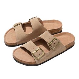 HBP Non-Brand Custom Women Cork Sole Slippers Handmade Cow Suede Leather Sandals Double Buckle Outdoor Shoes Flat Summer