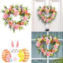 Decorative Flowers Artificial Rose Flower Garland Creative Wall Hanging Heart Wreath Heart-Shaped Valentine Day Wedding Decor