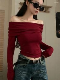 Women's T Shirts QWEEK Vintage Sexy Crop Top Pullovers Off Shoulder Slim Skinny Cropped T-shirt Women Retro Basic 2024 Spring Fashion