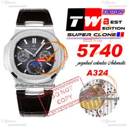 5740 Perpetual Calendar A324SC Automatic Mens Watch TWF Grey Texture Stick Dial Brown Leather Strap Super Edition Reloj Hombre Puretimewatch PTPP