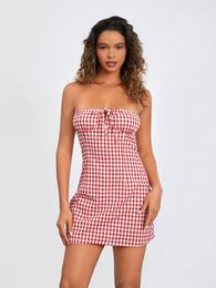 Casual Dresses Women Mini Dress Strapless Backless Tie-Up Plaid Slim Fit Summer Tube Clubwear Skin Friendly S M L