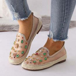 Casual Shoes Women Fashionable Flat Bottom Breathable Mesh Soft Sole One Foot Wear Belt Diamond Womens