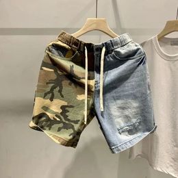 Men Clothing Japanese Fashion Camouflage Patchwork Denim Shorts Mens Summer Personality Hole Casual Pants Streetwear Short Homme 240313