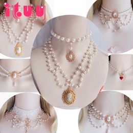 Gorgeous Vintage Rococo Style Wedding Lolita Princess Multilayer Pearl Lace Gem Necklace Collarbone Chain 240315