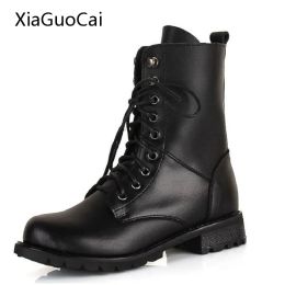 Boots Black MidCalf Boots Women Fashion Women Combat Boots Leather Round Toe High Quality Lace Up Boots x619