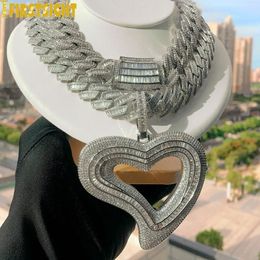 Iced Out Big Hollow Heart Pendant Necklace Bling Rectangle CZ Cubic Zirconia Tennis Chain Charm Women Men Hip Hop Jewellery 240311