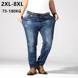 Men's Jeans Large Size Elastic Band High Waist Straight Jean Stretch Big Clothing Denim Fabric Trouser Male Long Plus Pants