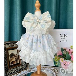 Dog Apparel Handmade Light Blue Floral Print Pet Clothes Cute Cotton Lace Bow Party Princess Dress For Small Medium Chihuahua Poodle