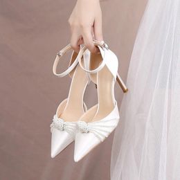 Dress Shoes Size 33-40 Multi-pearls Pointed Toe Stiletto Heel High Heels Sexy Satin Women White Wedding Black