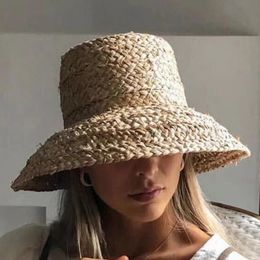 Summer Hats for Women Retro Flat Drooping Hat Brim Handmade Raffia Straw Ladies Outdoor Sun Protection Beach 240309