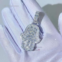 Sterling Sier Iced Out Hip Hop Baguette Cut VVS Moissanite Diamond Hamsa Pendant