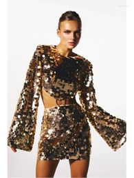 Stage Wear European And American Champagne Gold Super Shiny Sequin Sexy Waist Revealing Mini Theme Party Evening Dress