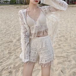 Summer Women Seaside Vacation Sets Fashion Lace Sexy Swimsuit Sun Protection Jacket Vest Shorts Three Piece Suit Korean