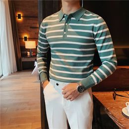 100% Pure Cotton Male Spring Slim Fit Long Sleeve POLO Shirts/Mens High Quality Leisure Stripe POLO Shirts Tops S-3XL 240311