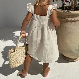 100%Cotton Muslin Girls White Dress With Lined Summer Retro Baby Girl Sleeveless Ruffled Straps Flowy Princess Dresses TZ385 240311