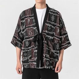 Ethnic Clothing Japanese Fashion Kimono Men Big Size Haori Casual Coat Man Three Quarter Sleeve Cotton Linen Cardigan Hanfu Jacket