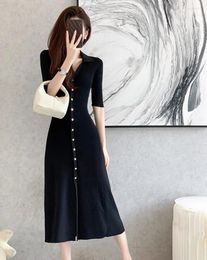 Party Dresses High Quality Autumn Long Black Knitted Dress Women Elegant French Lapel Single Breasted Midi Sleeve One Piece Korean